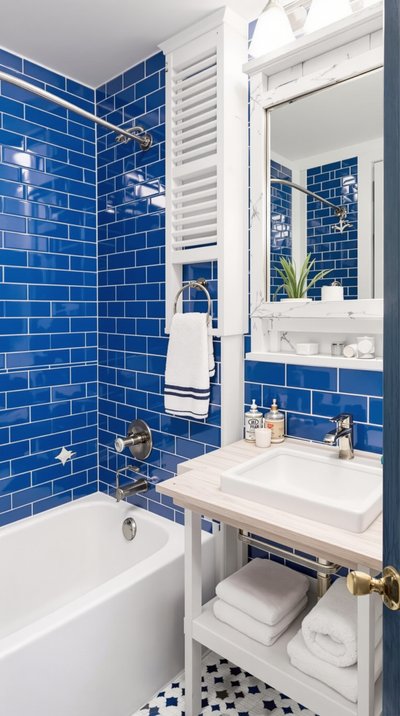 Badezimmer im maritimen Stil mit blauen Fliesen und weißen Holzakzenten