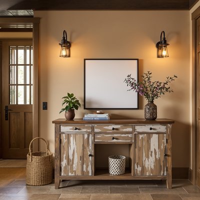 Warm getönter Industrieflur mit Fabrikstil-Wandleuchten und abgenutztem Holz-Konsolentisch