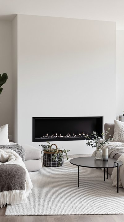 Gemütliches modernes Wohnzimmer mit minimalistischem Design, mit einer weichen grauen Wohnlandschaft und einem einfachen Kamin.