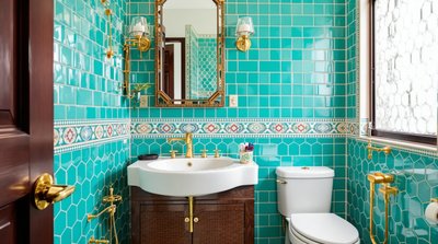 Orientalisches Badezimmer mit türkisen marokkanischen Fliesen und goldenen Armaturen