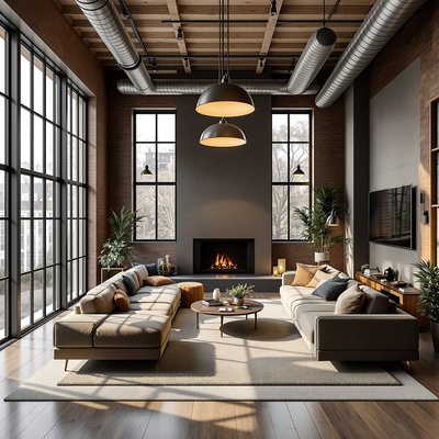 Loft-Stil Wohnzimmer mit sichtbaren Lüftungsrohren, großen Fenstern und Metall-Pendelleuchten